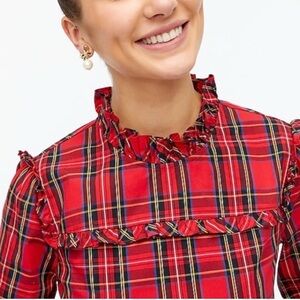 J. Crew Factory Red black tartan Plaid Ruffle bib Blouse cotton poplin Small P